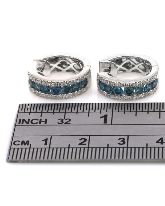 3 Row Blue and White Diamond Huggie Earrings